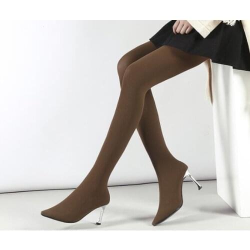 Hot Spring New Brand Woman Black Gray Burgundy Brown 8 cm Thin Heels Elastic Pointed Toe Sexy Pantyhose boots Big Size 43 Lady