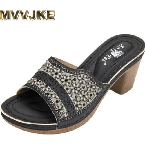 MVVJKE New 2021 High Thick Heels Crystal Platform Women Shoes Ethnic Feminino Open Toe Pu Leather Office Lady Luxury Slippers