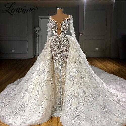 Luxury See Through Wedding Dresses With Detachable Train 2020 Customzied Crystals Beading Vestido De Novia Muslim Bridal Gowns