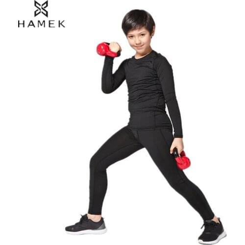 HAMEK Kids 2 Pcs Running Training Sets Long Sleeves Shirts Compression Tight Pants Leggings Fitness Suits Boys Child Soccer Wear