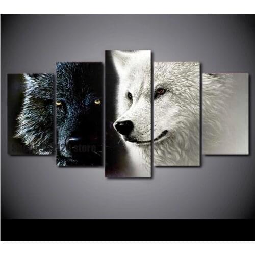5 Panel Wall Art Animal Black Wolf And White Wolf Diy 5D Diamond Painting Square Round Drill Embroidery Cross Stitch Mosaic
