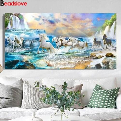 Diamond embroidery waterfall horse landscape 5D DIY full diamond painting drill 3d rhinestone mosaic large size wall decor