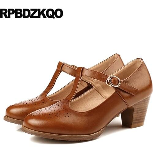 Brogue China Round Toe Medium Heels Shoes Oxford High Chunky Brown T Strap Genuine Leather Retro 2018 Spring Fashion Women Pumps