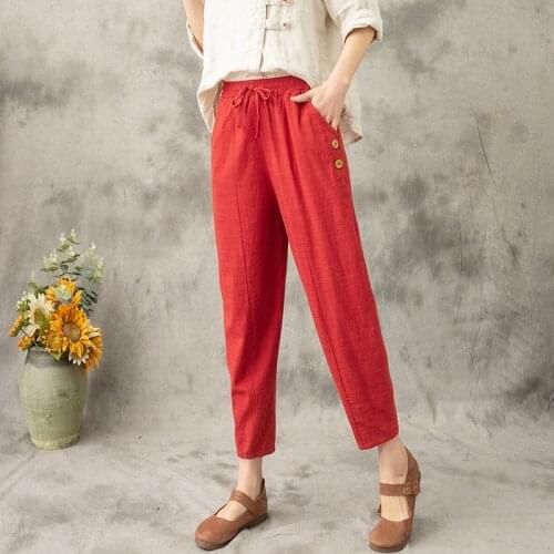 2021 Washed Cotton Linen Pants Casual Women Cargo Pants Women Capris Summer Black Red Thin Loose Plus Size Pants Korean Trousers