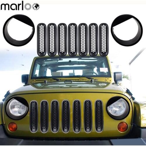 Marloo Black Front Grill Mesh Grille Insert Kit + Bezels Front Light Headlight Angry Eyes Style Trim Cover For Jeep Wrangler