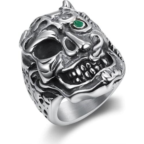Big heave two face green eyes skull ring for men rock roll cool men design ring stainless teel jewelry
