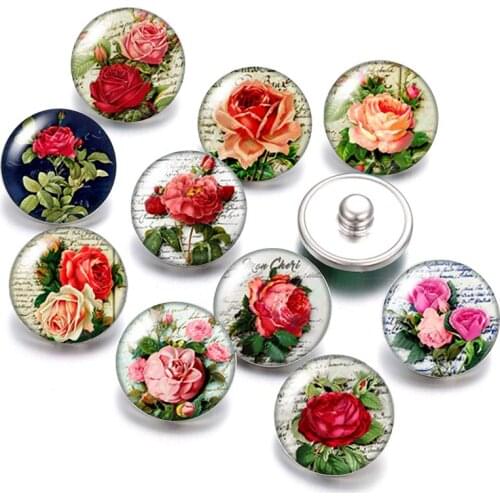 Beauty Flowers rose daisy patterns 18mm snap buttons 10pcs mixed round photo glass cabochon style for snap button jewelry
