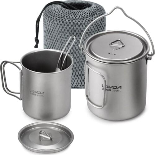 Lixada 3 Pieces Titanium 750ml Pot 420ml Water Cup Mug with Lid Handle Folding Spork for Outdoor Camping Picnic Backpacking Pot
