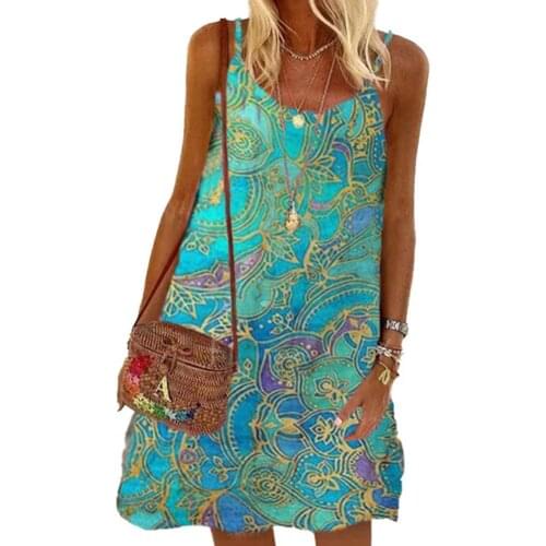 Summer Bohemian Women Dress O Neck Spaghetti Straps Printed Loose Mini Sling Dress for Summer Dresses брюки женские