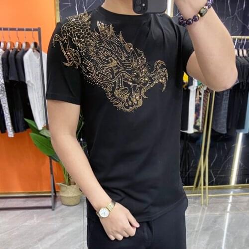 Mens T-shirt Short Sleeve Summer Luxury Black Gold Rhinestones Bottom Social Club Outfits T-Shirt T-shirt Tee Shirt Homme
