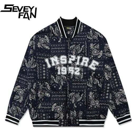 SEVEYFAN Mens Retro Cashew Flower Printed Bomber Jacket Hip Hop Baseball Coat Streetwear for Couples