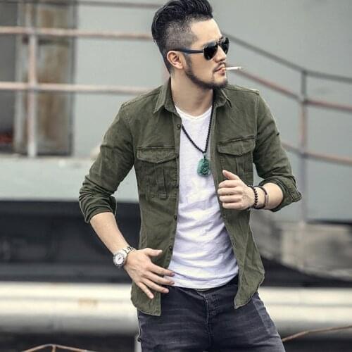Mens Long Sleeved Front-button Solid Slim Fit Military Shirt Cargo Style Blouse Tops Male Shirts M1