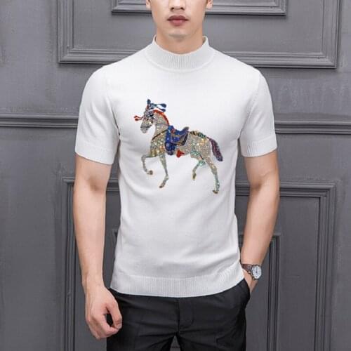 High Stretch Fabric Diamond Animal Loose Pop Mens Short-Sleeved Pullover Knitted T-Shirt Base Sweater