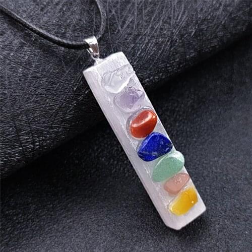 Irregular Square Shape Pendant 7 Chakra Pendulum Necklace Gypsum Stick Inlay Healing Gemstone Reiki Crystal Balance Energy