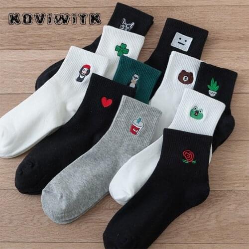 Sport Girls College style cotton socks for women Lovely Flowers embroidery Black sock Trendy wild Animal harajuku funny warm sox