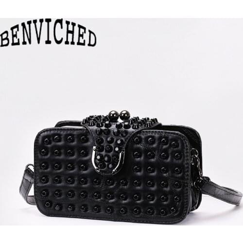 BENVICHED 2021 new womens small square bags spring and autumn fashion ladies rivet black Single Shoulder Bag c149