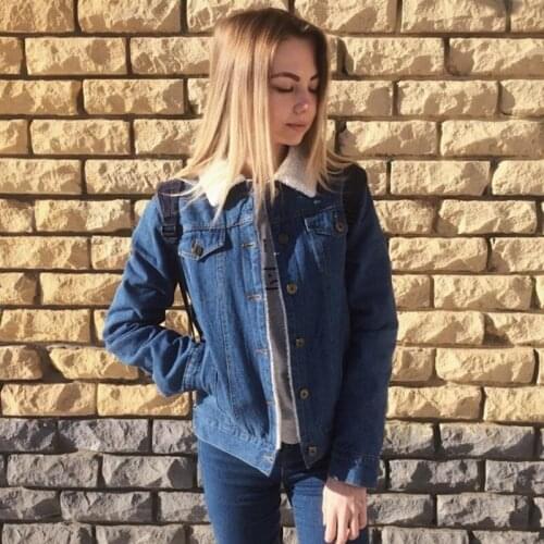 New Fashion Casual Women Denim Coat Pockets Long Sleeves Lambswool Warm Thick Jeans Jacket Outwear Slim Denim Jacket Female