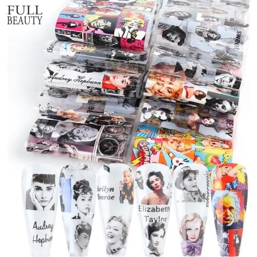 10Pcs/pack Celebrity Nail Art Transfer Foil Sticker Paper Hepburn Monroe Adhesive Decals Manicures Decoration Accessories CH6210