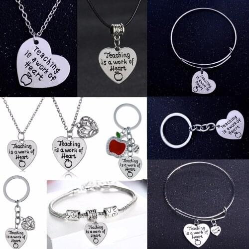 Teachers Necklace Apple Teaching is A Work Of Heart Bracelets Bangle Thank You Teacher Gifts Jewelry Teachers Keychain Keyring