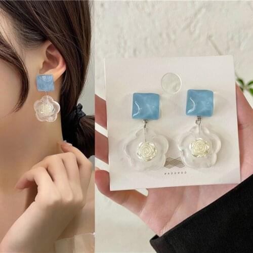 Romantic Cute Blue White Flower Petal Pendant Drop Earrings for Women Girls Teens Korean Fashion Earrings 2021 Trend New Arrival