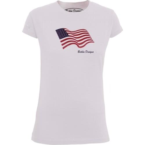 Bichon Designs T-shirt women short sleeve, casual design line flags and countries United States of America USA woman and girl