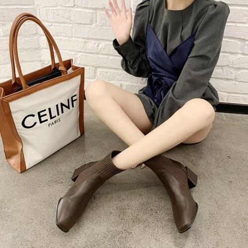 2021 Autumn New Genuine Leather Ladies Boots Thick Heel Square Toe Single Boots British Style Knitted Stretch Short Boots Women