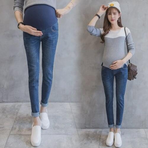 Elastic Waist Belly Denim Maternity Jeans Suit for Four Season Wear Pencil Trousers Clothes for Pregnant Women Pregnancy