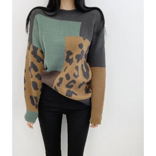 New Fall Winter Cashmere Long Sleeve Women Sweater Fashion Patchwork Leopard Knitted Thick Loose Pullovers Jumpers YOU930
