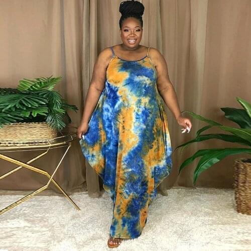 Ladies Irregular Spaghetti Strap Dress with Tie-dye Printing L-5XL Plus Size Floor Length Dresses Lady Summer Oversize Vestidos