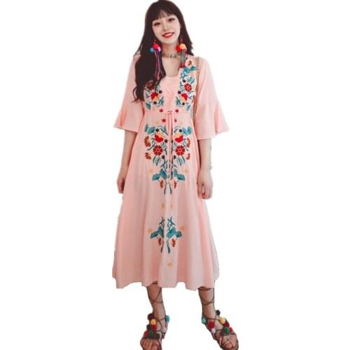 2021 New Arrival Spring Summer Women Long Dress High Quality Flowers Embroidery Bohemian Ethnic Style Vacation Dress