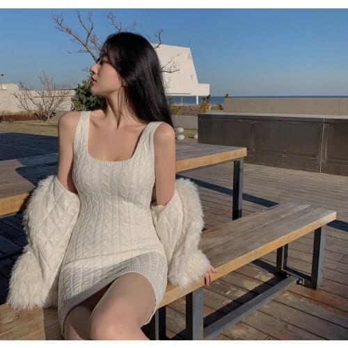 Sexy women white knitted dress sweater sleeveless tank tops dresses female basic dress robe femme ropa mujer