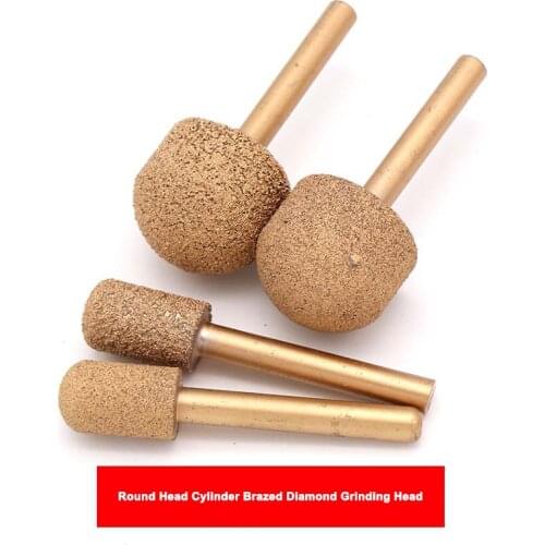 1Pcs 6mm Shank Brazed Diamond Burrs Rotary Tool For Marble Jade Agate Emeradle Grinding Head Round Head Cylinder