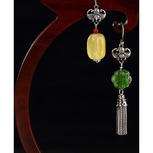 2018 Brinco S925 Pure And Tian Yu Jade Beeswax Inlaid In Front Of The Eyes, Asymmetric Personality, Female Eardrop Earrings