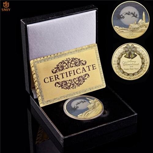 2021 Merry Christmas Santa Claus Deer Gold Plated Replica Coin Collectibles W/Box For Christmas Gifts