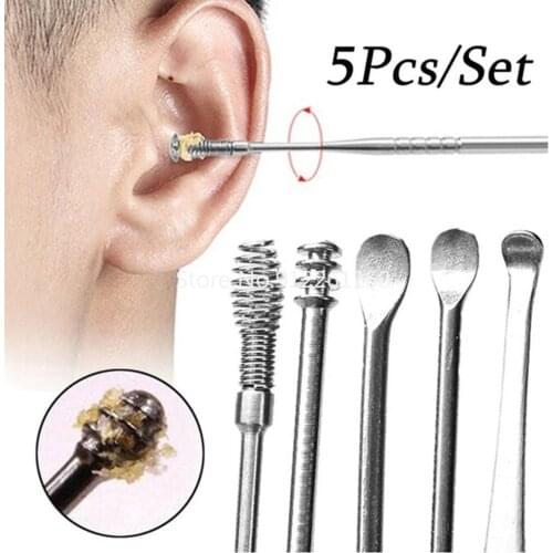 5Pcs Unisex Stainless Steel Spiral Ear Picks Spoon Wax Removal Cleaner with Box Ear Care Tools