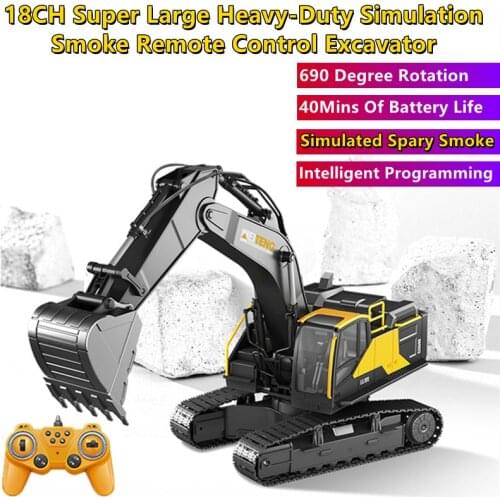 58CM Large Remote Control Excavator Somking Arm Auto Raised Smart Programming Simulation Sound Lights Alloy Bucket RC Truck Toy