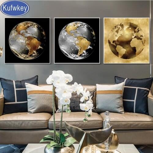 Abstract Whole World Map 3 piece Diamond Painting Set,Diamond Mosaic Cuadros Wall Art For Living Room Decor Triptych