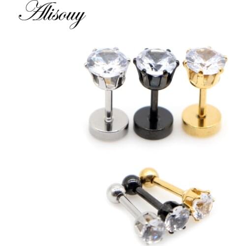 Alisouy 2pcs 3 Colors Punk Stainless Steel ball Screw Inlay Round Cubic Zircon Crystal Girl Stud Earrings For Men Women Party