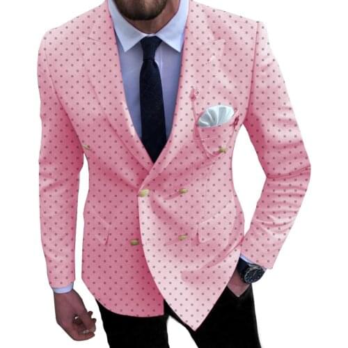 White/Beige Men Suit 2 Pieces Double Breasted Dot Printed Notched Lapel Tuxedos Groomsmen for Wedding Costume Homme(Blazer+Pant)