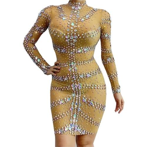 Shining Crystals Long Sleeve Dress Women Sexy Mesh See Through Birthday Celebrate Party Dresses Singer Bling Performance Outfit