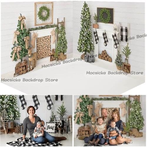 Fireplace Backdrop for Christmas Windows Photography Living Room Pine Tree X-mas Holiday Party Decorations Photocall Wood