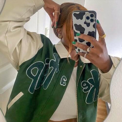 2021 Autumn ‘TAKE A TRIP’ Bomber Jacket Women Grass Green Contrast Sleeve Bomber Jacket with Letter Applique Baseball Jacket