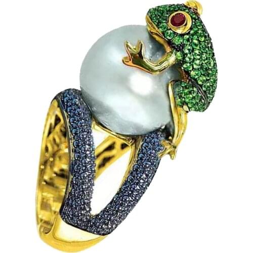 Fashion Creative Lovely Frog Animal White Simulated Pearl Female Ring For Women Party Jewelry Accessories Size 6- 10