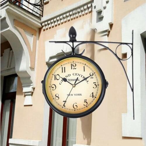 Honhill Wall Clock Vintage Double Sided Round Mount Station Clock Garden Classic Retro Home Decor for Gift