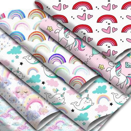 Rainbow Color Faux Leather Sheets Cute Unicorn Pattern Printed Synthetic Leather Fabric Roll for Earrings Hair Bows Making