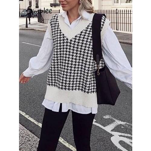 Simplee Houndstooth knitted sweater vest women V neck sleeveless oversized pullover vintage Fall winter female waistcoat sweater