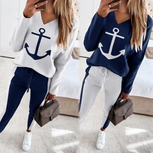 Hot style Boat Anchor Print Autumn spring T-Shirt Two Piece printing long-sleeved v-neck fashion women leisure trousers suit new