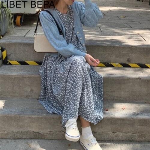 2021 New Women Spring Summer Dresses Fashionable Elegant High Waist Vintage Korean Style Floral Oversize Lady Long Dress DR9121