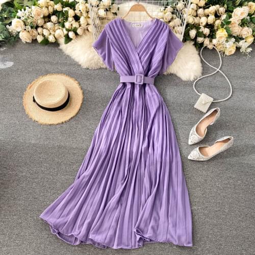Women Summer Pleated Dress Korean V Neck Elegant Solid A-line Dresses Fashion Romantic Holiday Beach Long Dress 2021