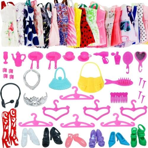 Random 52 PCS Doll Accessories 10x Mini Dresses + 42x Accessories Crowns Bags Hangers Shoes Clothes for Barbie Doll Kids Toy